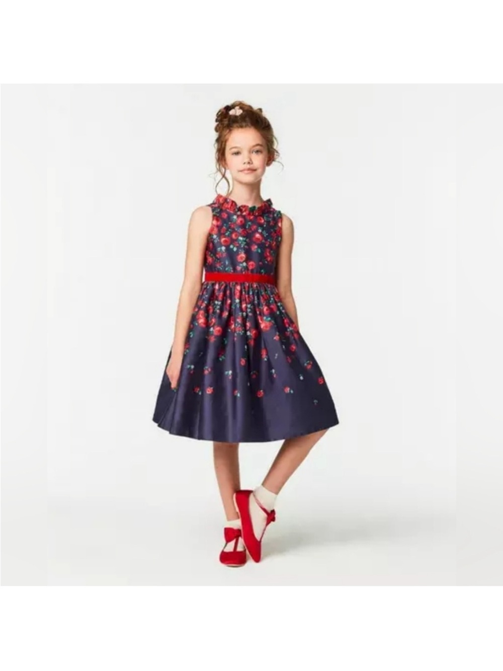 Janie and Jack Navy Floral Fit-and-Flare Dress with Red Accents